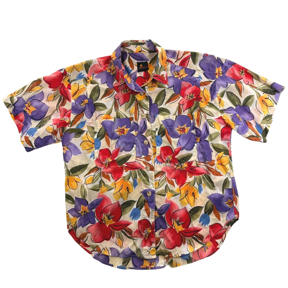Lizsport Petite Vintage 90s Floral Button‎ Down Shirt Short Sleeve Cotton Large
